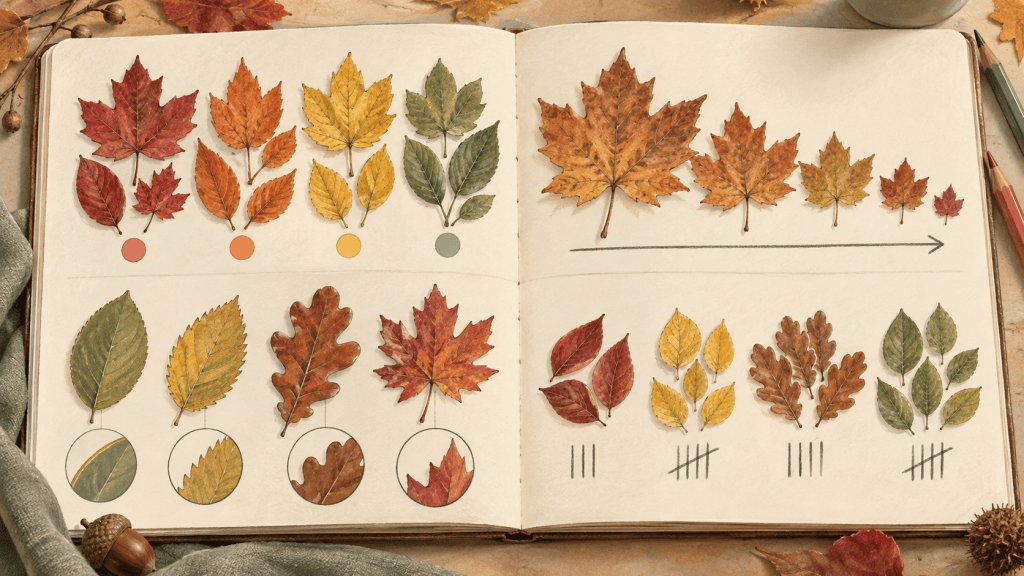 Supporting hand-drawn educational visual showing a practical part of fall leaf math: 8 simple ways to sort, count, compare, and graph.