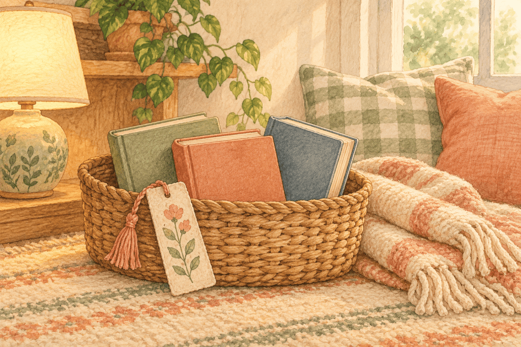 Woven reading basket with books, a handmade bookmark, lamp, blanket, and cushions.