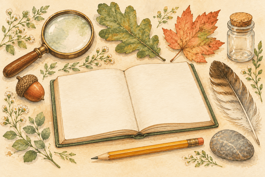 Blank nature journal arranged with a magnifying glass, leaves, acorn, feather, jar, and stone.