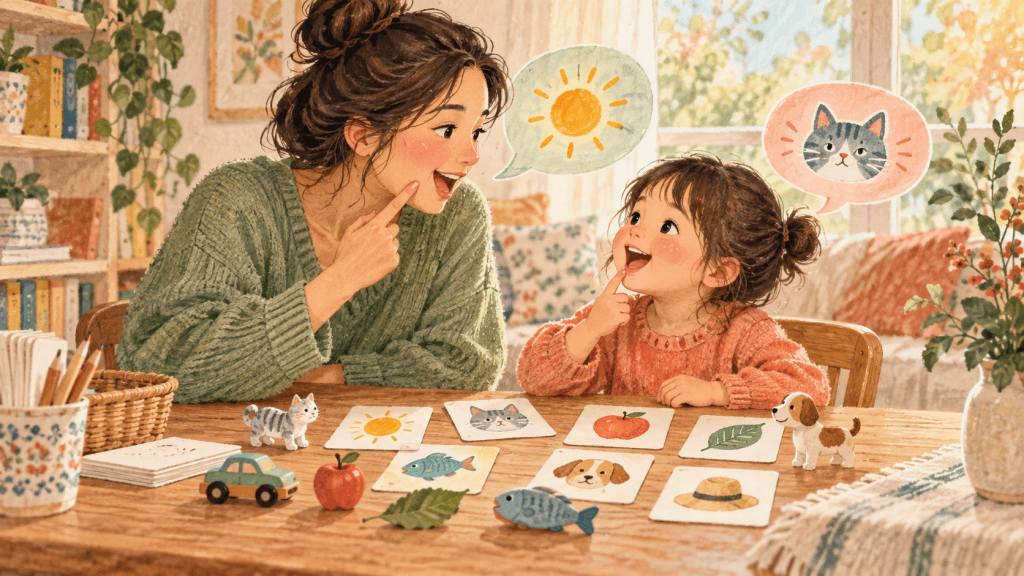 Hand-drawn editorial scene illustrating 10 playful sound games that build early reading skills.