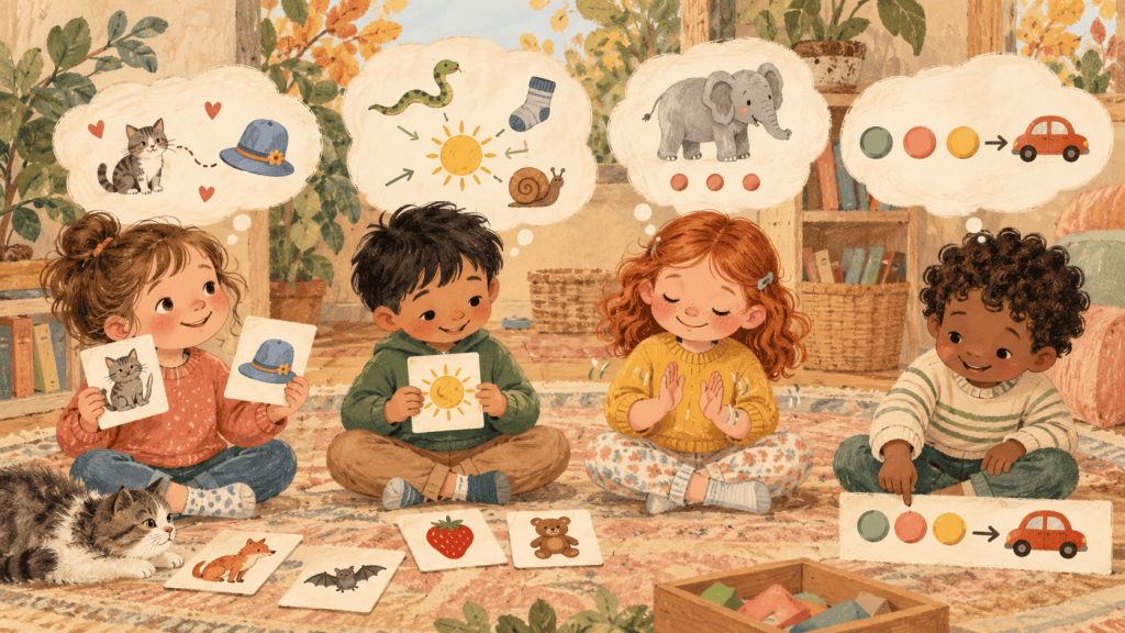 Supporting hand-drawn educational visual showing a practical part of 10 playful sound games that build early reading skills.