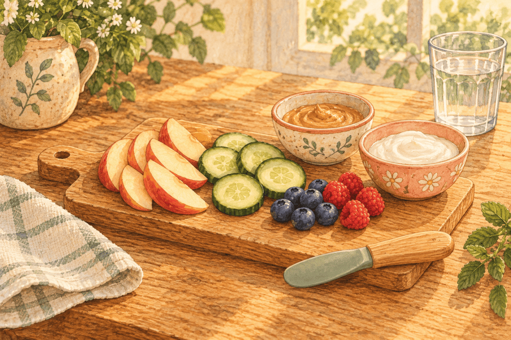 Kid-friendly snack ingredients with fruit, cucumber, berries, dips, water, and a safe spreader.