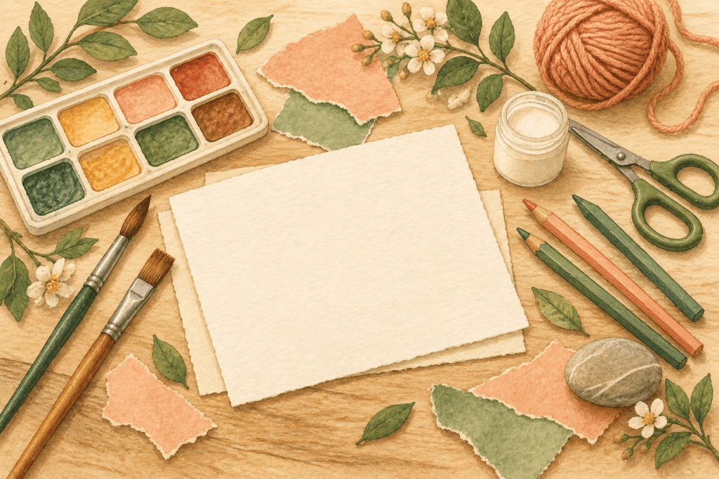 Open-ended art supplies arranged around blank paper, including paint, pencils, scissors, yarn, and leaves.