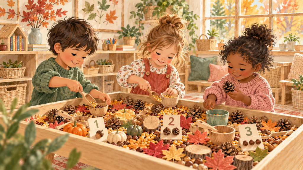 Hand-drawn editorial scene illustrating fall sensory play that builds more than fine-motor skills.
