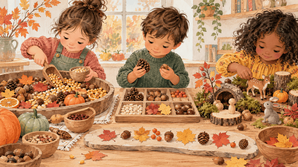 Supporting hand-drawn educational visual showing a practical part of fall sensory play that builds more than fine-motor skills.