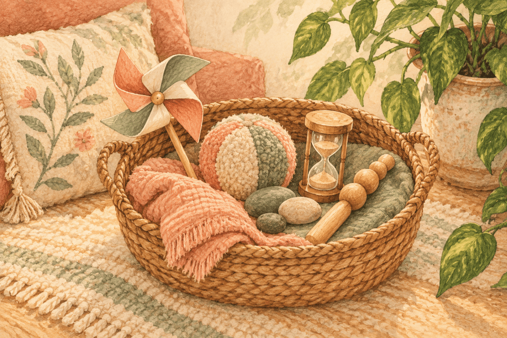 Calm-down basket with a pinwheel, sensory ball, cloth, smooth stones, hourglass, and breathing wand.