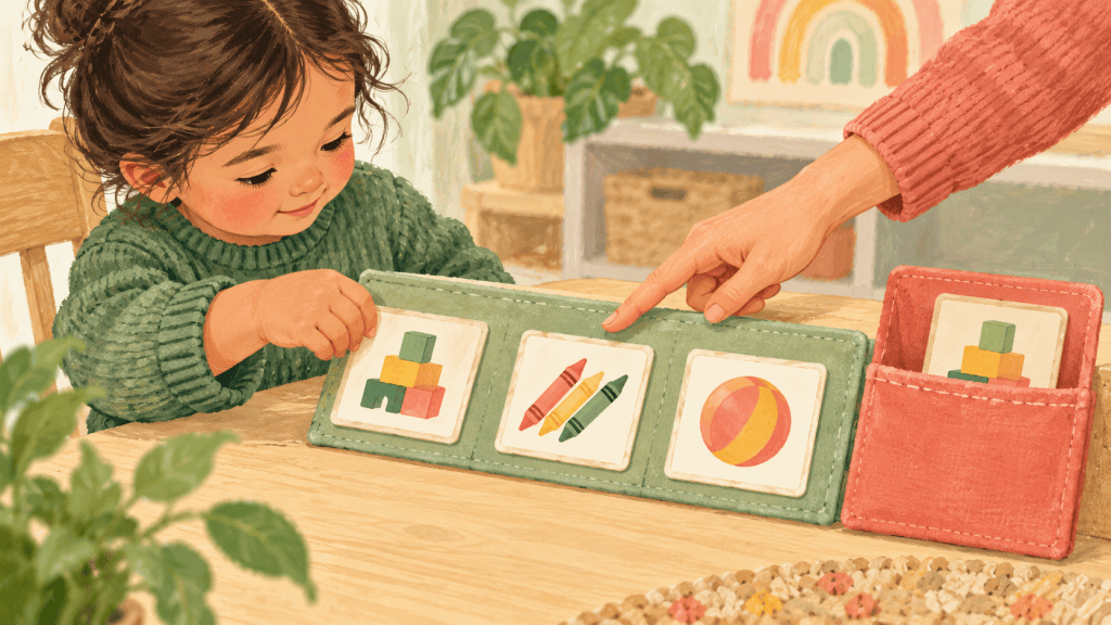 Supporting hand-drawn educational visual showing a practical part of how to use picture choice boards without turning everything into a demand.