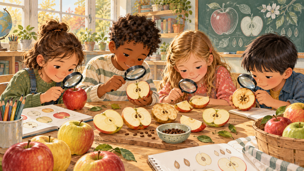 Hand-drawn editorial scene illustrating an apple investigation for kids: simple fall science from one snack.