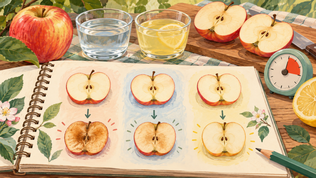 Supporting hand-drawn educational visual showing a practical part of an apple investigation for kids: simple fall science from one snack.
