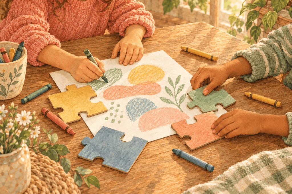 Children’s hands sharing crayons and puzzle pieces around a collaborative drawing.