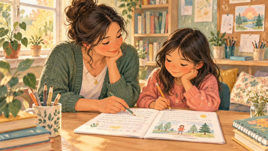 Hand-drawn editorial scene illustrating feedback that helps young writers revise without taking over.