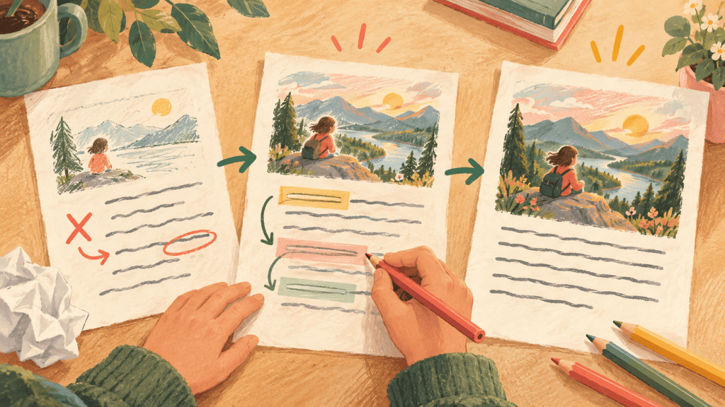 Supporting hand-drawn educational visual showing a practical part of feedback that helps young writers revise without taking over.
