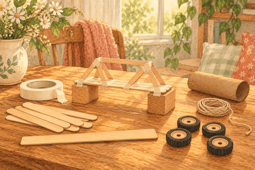 Craft sticks, tape, wheels, string, cardboard, blocks, and a small bridge prototype for a home STEM activity.