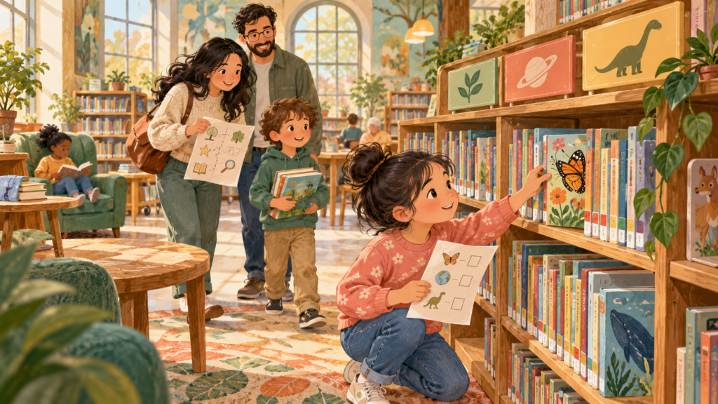 Hand-drawn editorial scene illustrating a library scavenger hunt that teaches kids how libraries work.