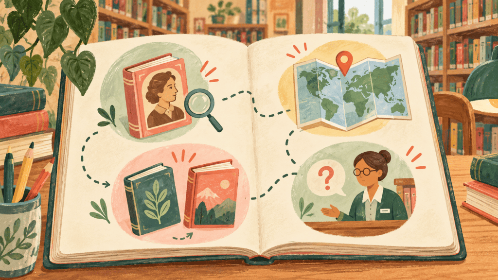 Supporting hand-drawn educational visual showing a practical part of a library scavenger hunt that teaches kids how libraries work.
