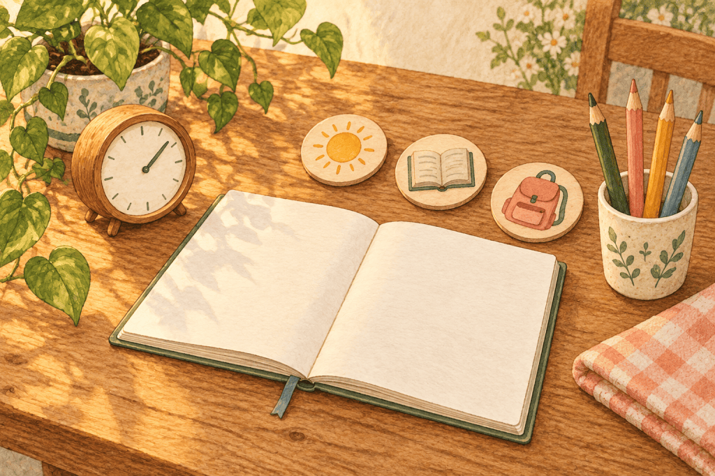 Blank planner, analog timer, visual routine tokens, and colored pencils arranged for time planning.