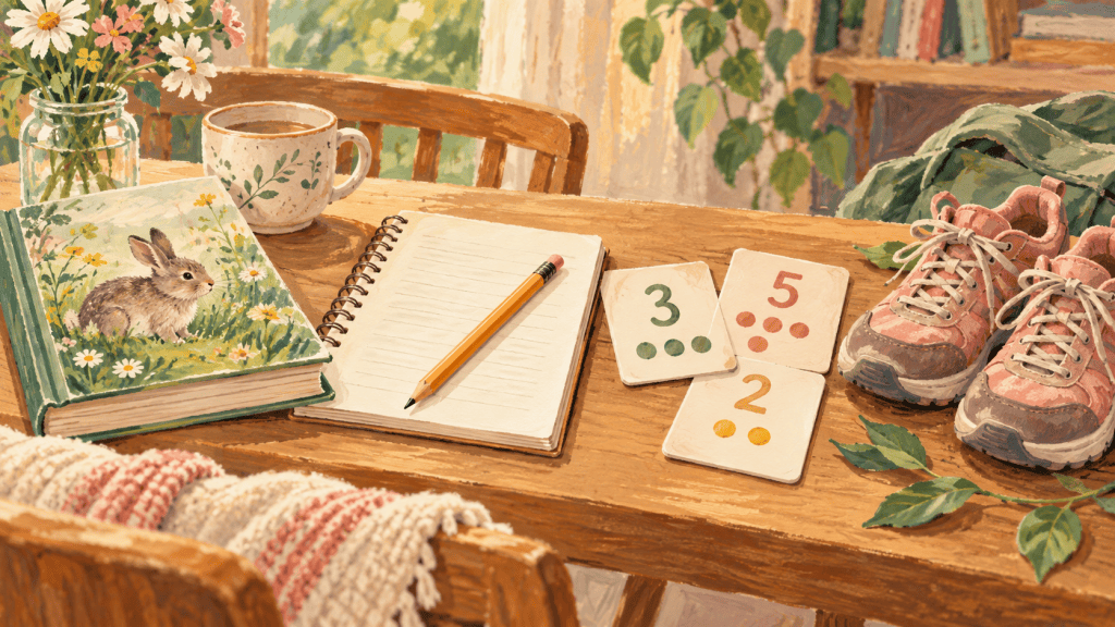 Supporting hand-drawn educational visual showing a practical part of the minimum-viable homeschool day: what to keep when everyone is tired.