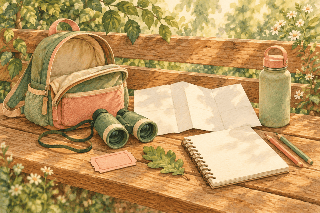 Family outing supplies with a backpack, binoculars, blank map, water bottle, sketchbook, pencils, leaf, and ticket.