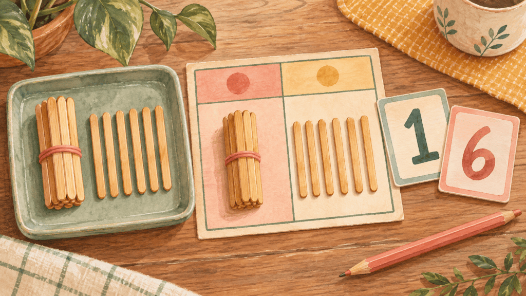 Supporting hand-drawn educational visual showing a practical part of place value with things you already have: tens and ones that make sense.