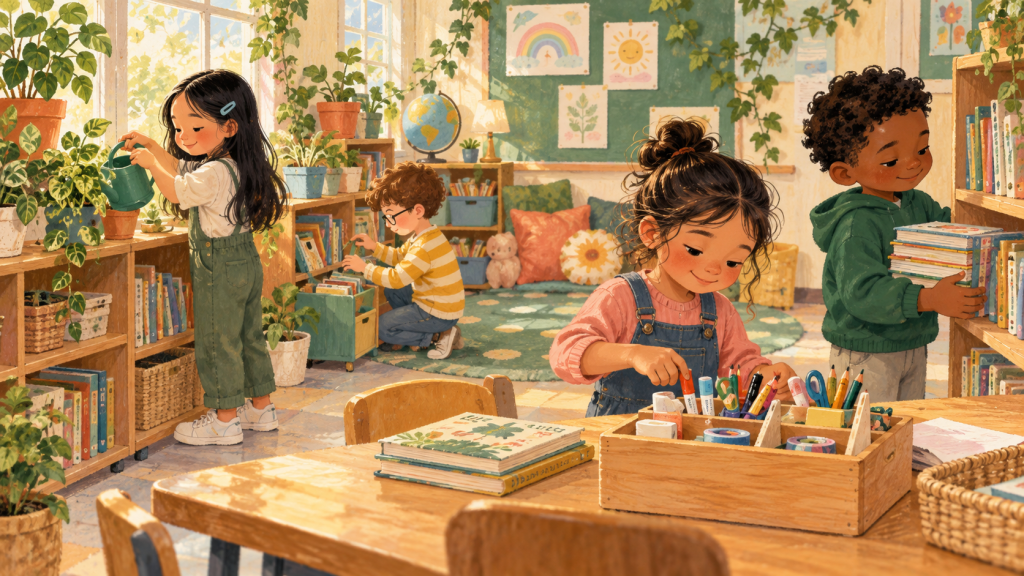 Hand-drawn editorial scene illustrating classroom jobs that actually help the classroom work.