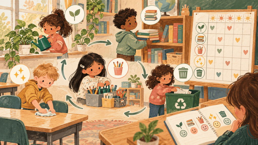 Supporting hand-drawn educational visual showing a practical part of classroom jobs that actually help the classroom work.