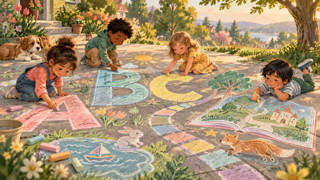 Hand-drawn editorial scene illustrating sidewalk chalk literacy: 9 ways to move, read, and create outdoors.
