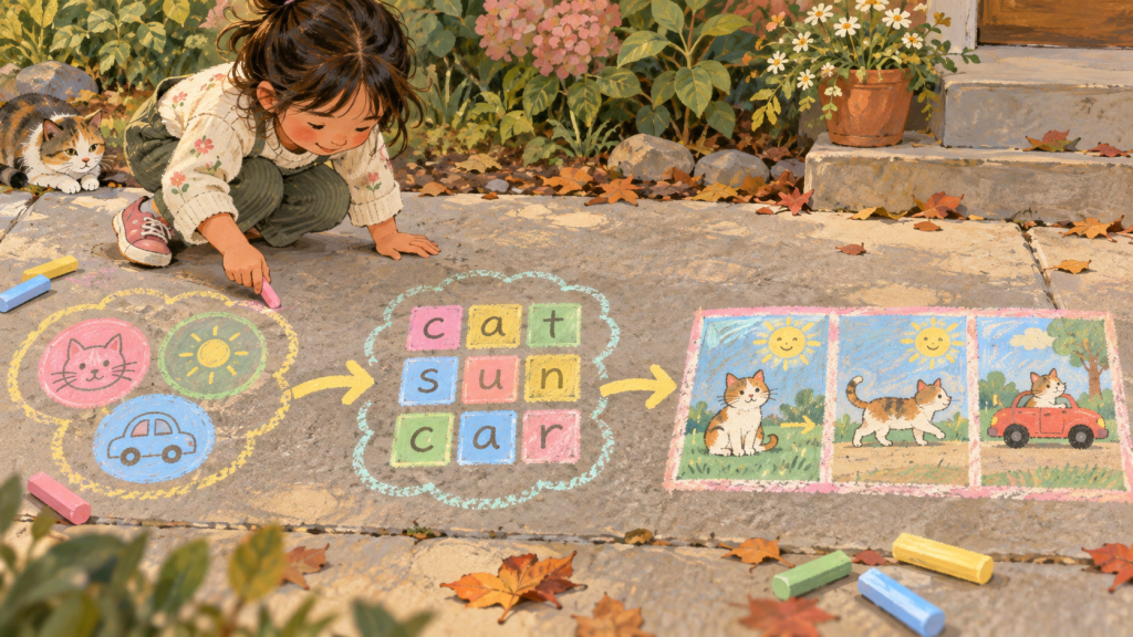 Supporting hand-drawn educational visual showing a practical part of sidewalk chalk literacy: 9 ways to move, read, and create outdoors.