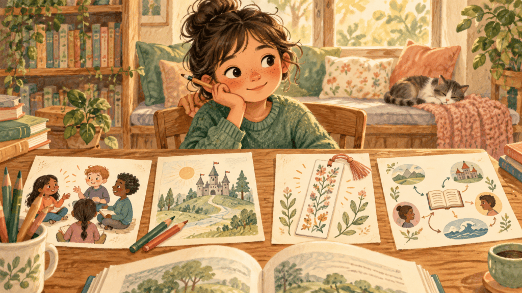 Hand-drawn editorial scene illustrating reading logs without the power struggle: better ways to notice reading.
