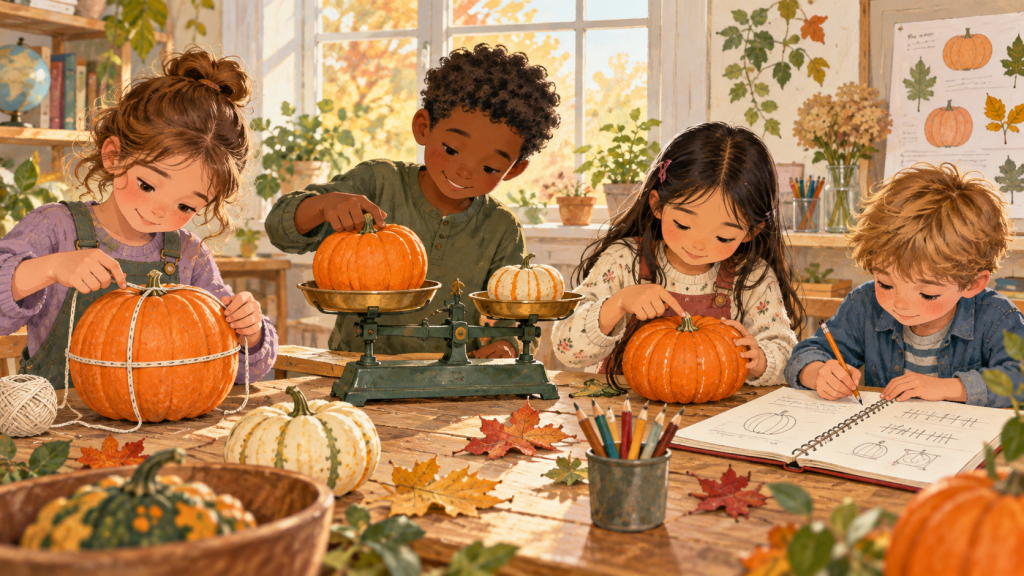 Hand-drawn editorial scene illustrating pumpkin measurement lab: a hands-on math and science investigation.