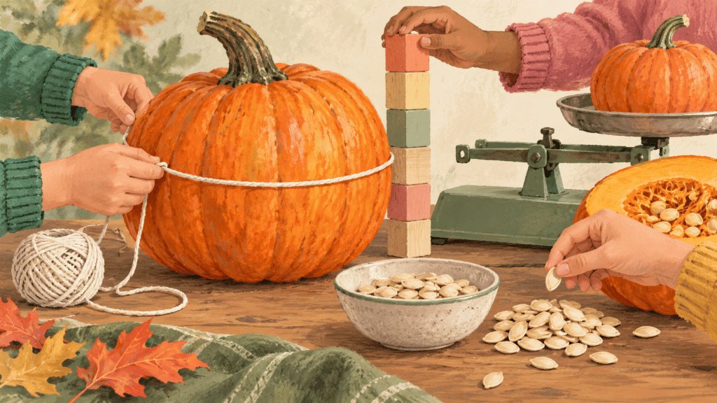 Supporting hand-drawn educational visual showing a practical part of pumpkin measurement lab: a hands-on math and science investigation.
