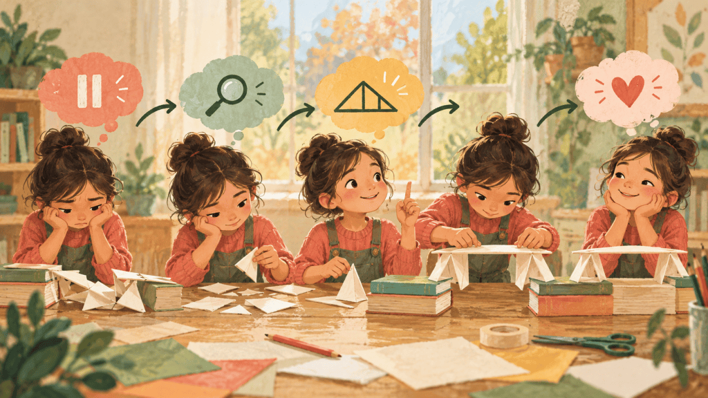 Supporting hand-drawn educational visual showing a practical part of how to help kids learn from mistakes without rushing to fix them.