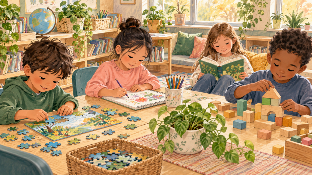 Hand-drawn editorial scene illustrating quiet choice menus for early finishers: meaningful work without more worksheets.
