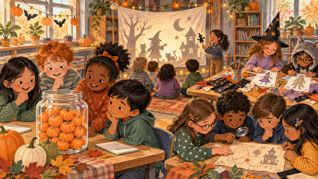 Hand-drawn editorial scene illustrating 12 non-candy halloween classroom activities with real learning value.
