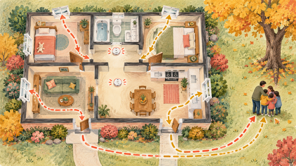 Supporting hand-drawn educational visual showing a practical part of a calm family fire escape plan kids can understand and practice.