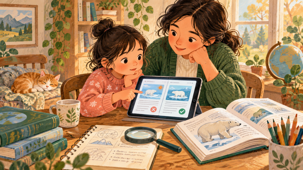 Hand-drawn editorial scene illustrating media literacy for elementary kids: five questions to ask before believing or sharing.