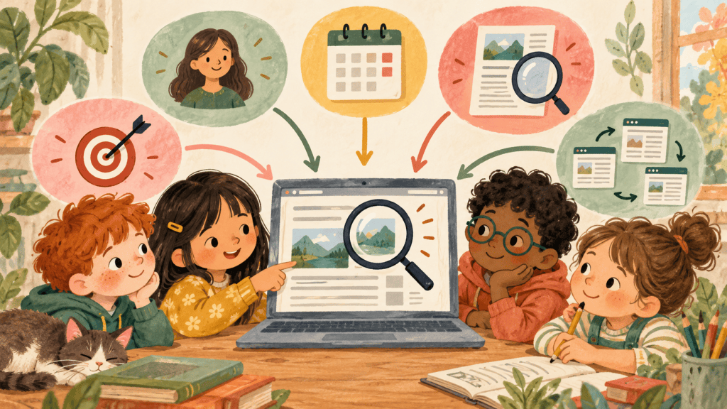 Supporting hand-drawn educational visual showing a practical part of media literacy for elementary kids: five questions to ask before believing or sharing.