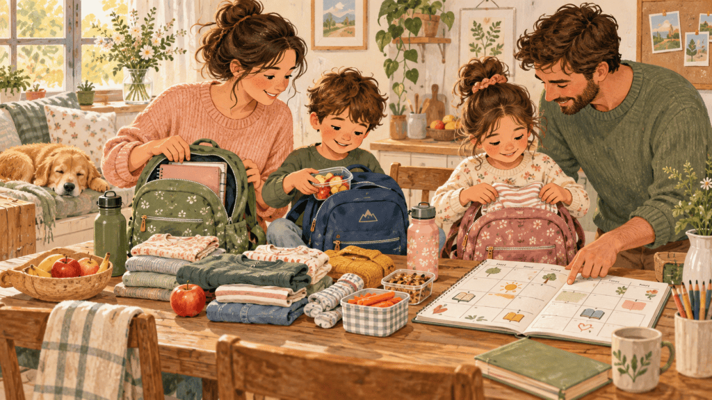 Hand-drawn editorial scene illustrating a gentle sunday reset for families who do not want another rigid routine.
