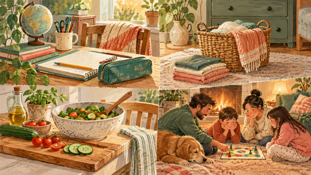 Supporting hand-drawn educational visual showing a practical part of a gentle sunday reset for families who do not want another rigid routine.