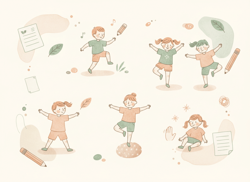 Hand-drawn collection of simple movement-break ideas including stretching, marching, balancing, and freeze dancing.