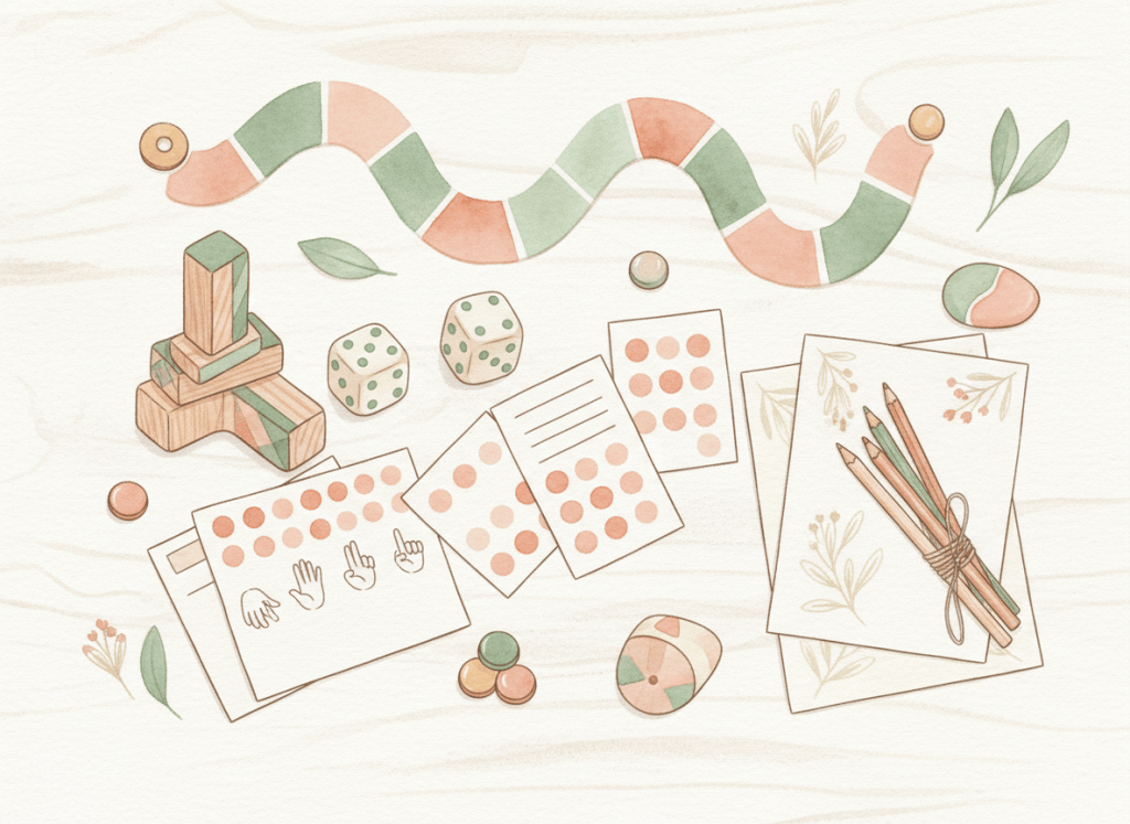 Hand-drawn collection of playful math materials including dot cards, dice, blocks, counting objects, and a number path.