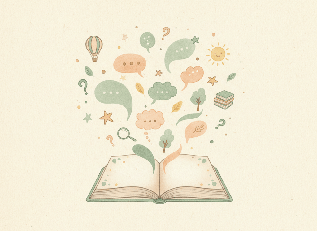 Hand-drawn illustration of an open book surrounded by speech bubbles, question marks, stars, and playful objects representing conversation and vocabulary.