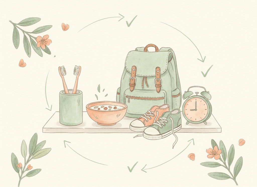 Hand-drawn illustration of everyday morning items arranged as a simple routine sequence, including breakfast, backpack, shoes, and a clock.