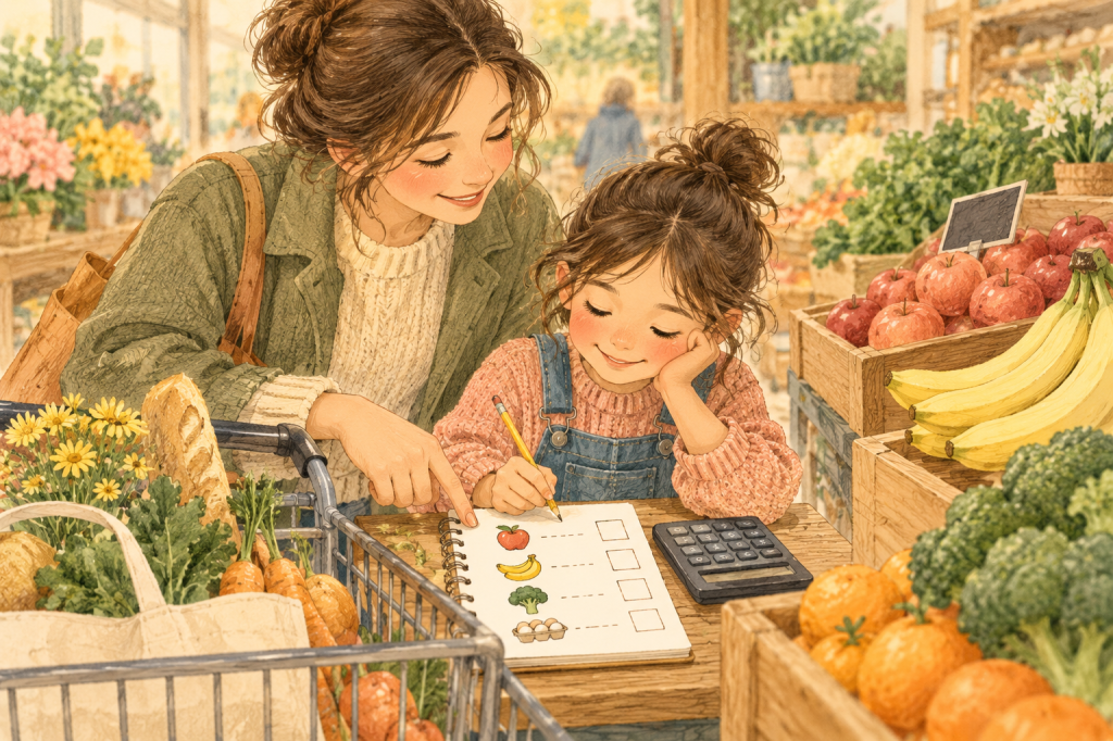Parent and elementary-age child compare produce prices and complete a shopping list beside a calculator in a warm illustrated market.