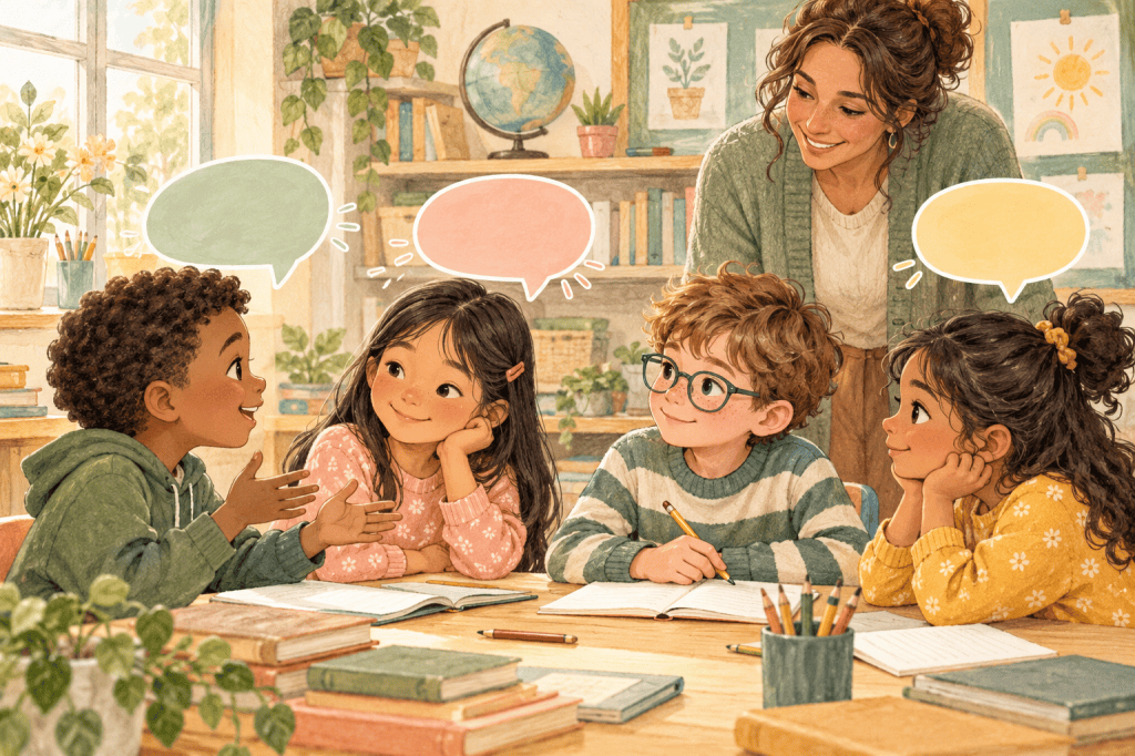 Four elementary students share ideas around a classroom table while their teacher listens nearby.