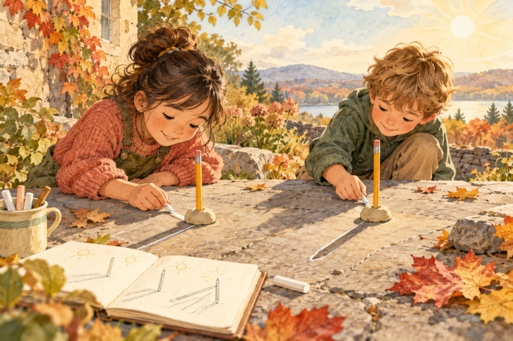 Two children trace changing pencil shadows outdoors on a sunny autumn day.