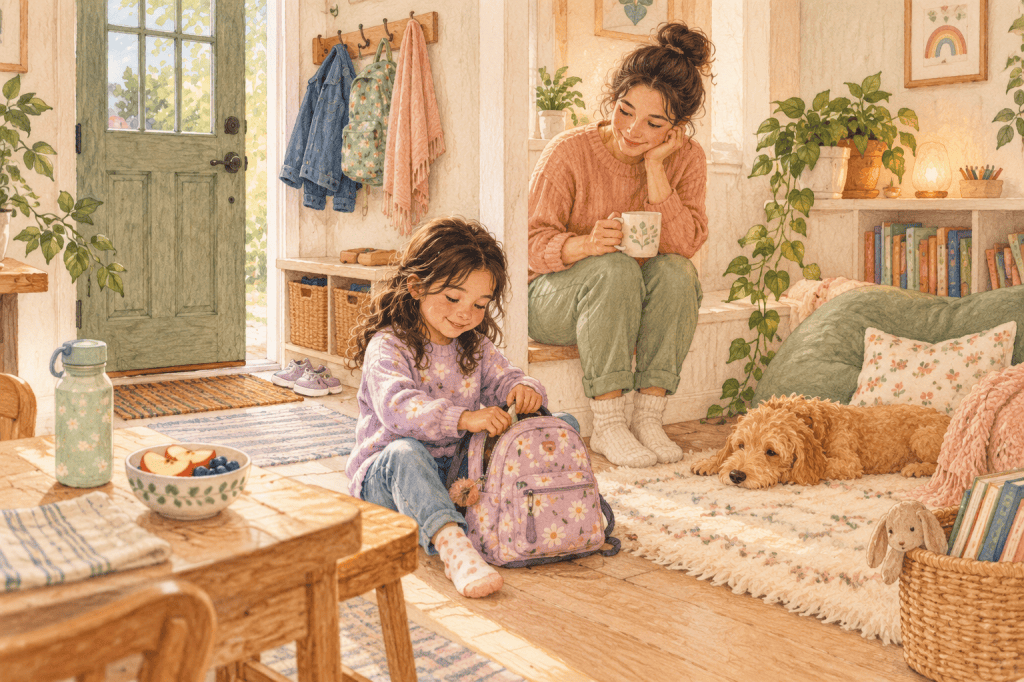 Child unpacks a backpack in a calm home entryway while a caregiver waits nearby with snack and water.