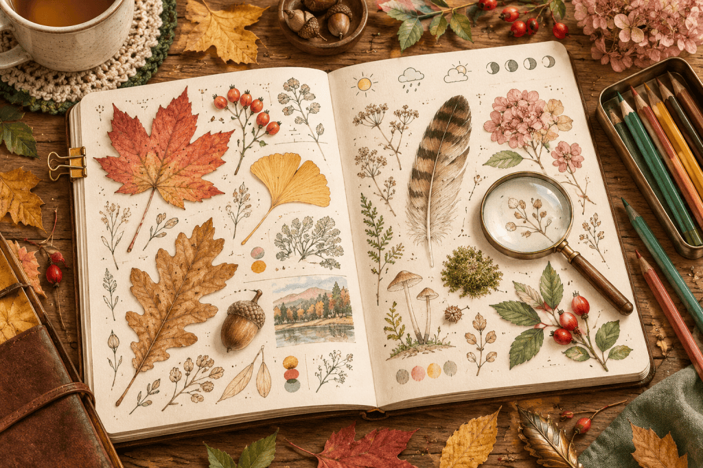 Open October observation journal filled with leaves, a feather, weather symbols, colored pencils, and a magnifying glass.