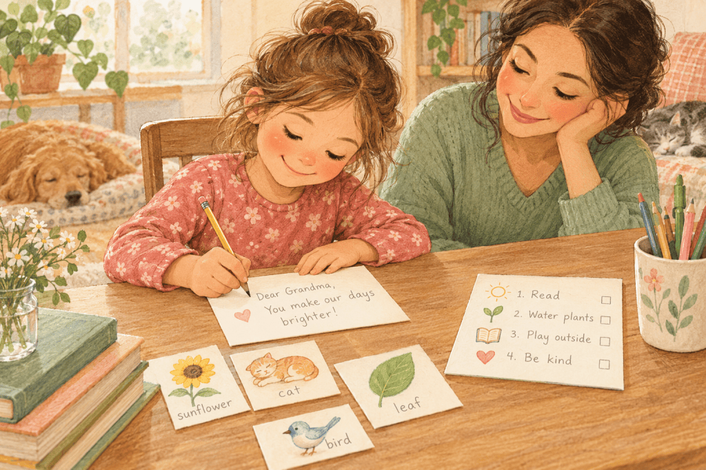 Child writes a short note at a kitchen table while a caregiver watches supportively.