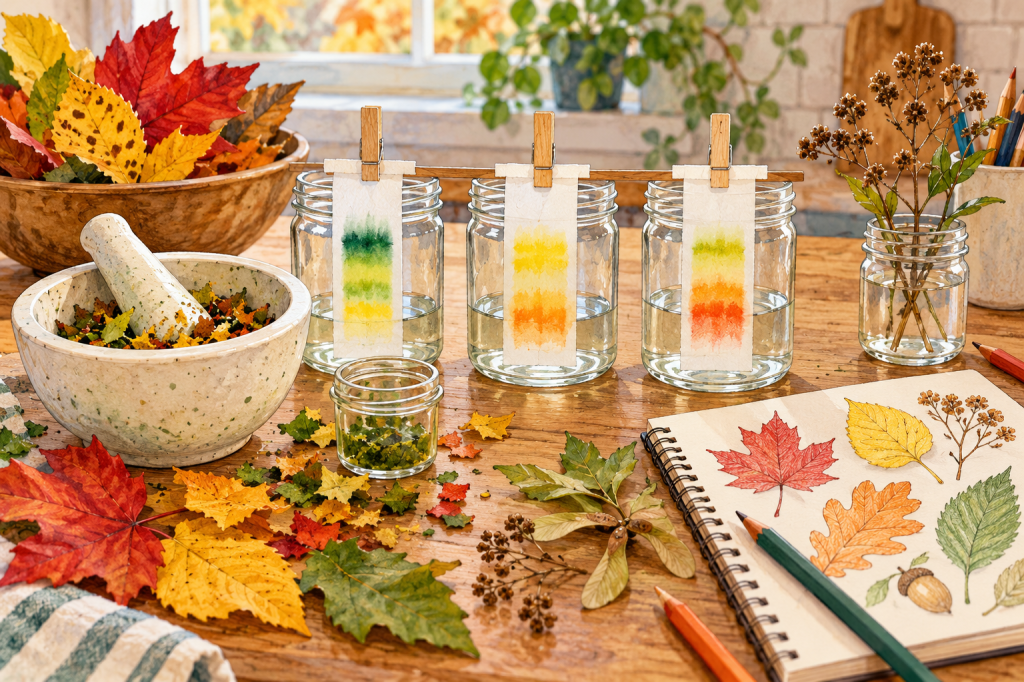 Autumn leaf chromatography setup with crushed leaves and paper strips showing separated green, yellow, and orange pigments.