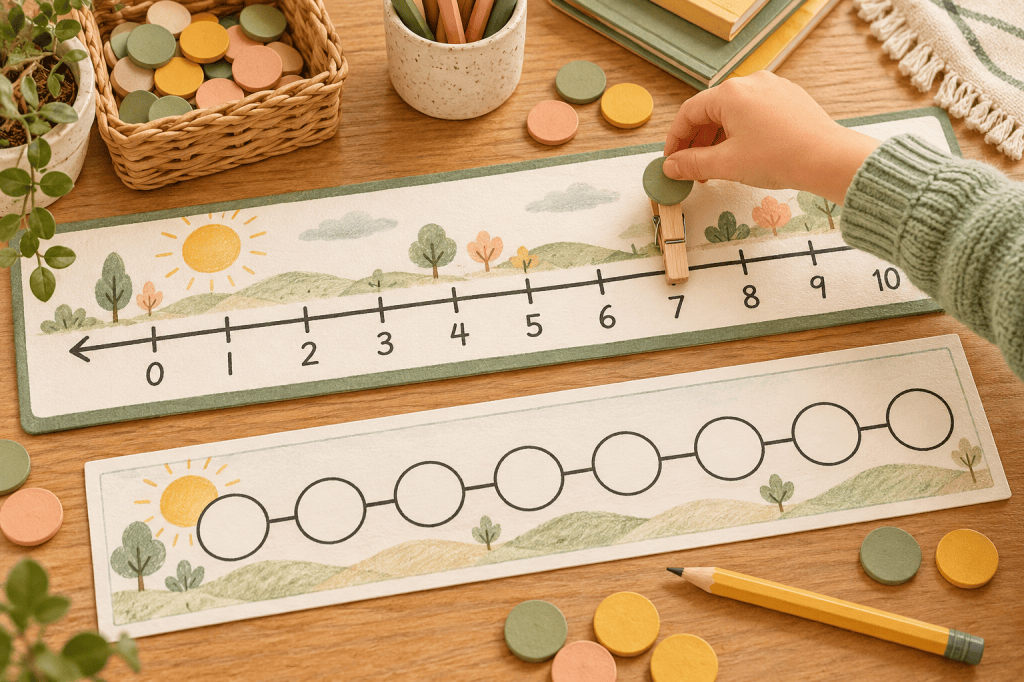 Child moves a clothespin marker along a printable 0–10 number line beside counters and an open number path.